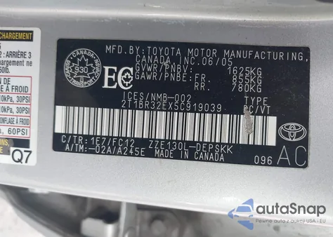 2005 Toyota Corolla Ce/Le/Sport из США, поврежденный, VIN 2T1BR32EX5C919039